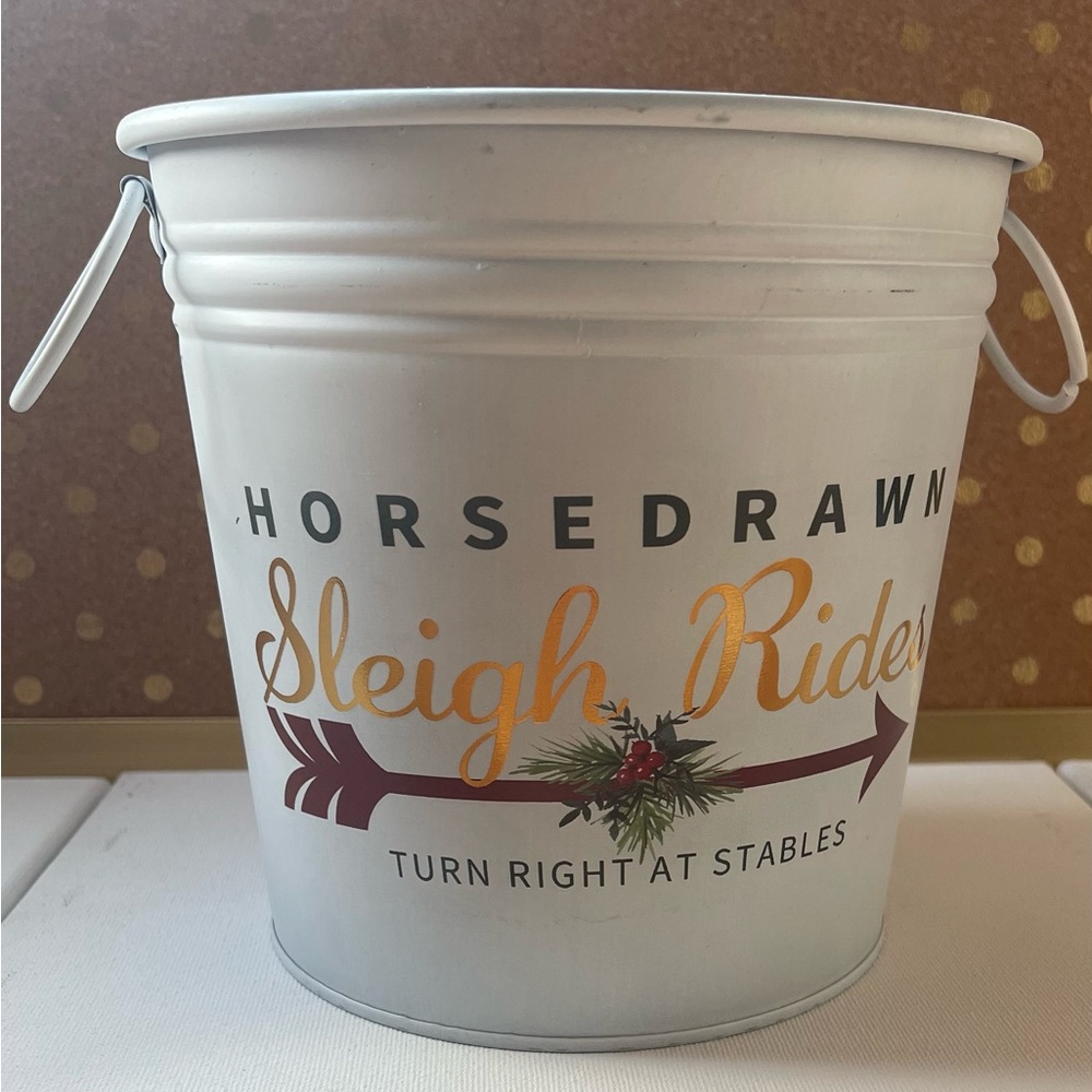 Christmas Holiday White Galvanized Tin Bucket with Sleigh Rides Design